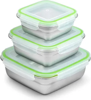 3 Pack Stainless Steel Sandwich Containers, Reusable Lunch Box Set (12/24/40 oz), Metal Food Storage with Airtight Lids, BPA-Free, Dishwasher Safe, Sandwich Box for Bento, Fruits & Snacks (Green)