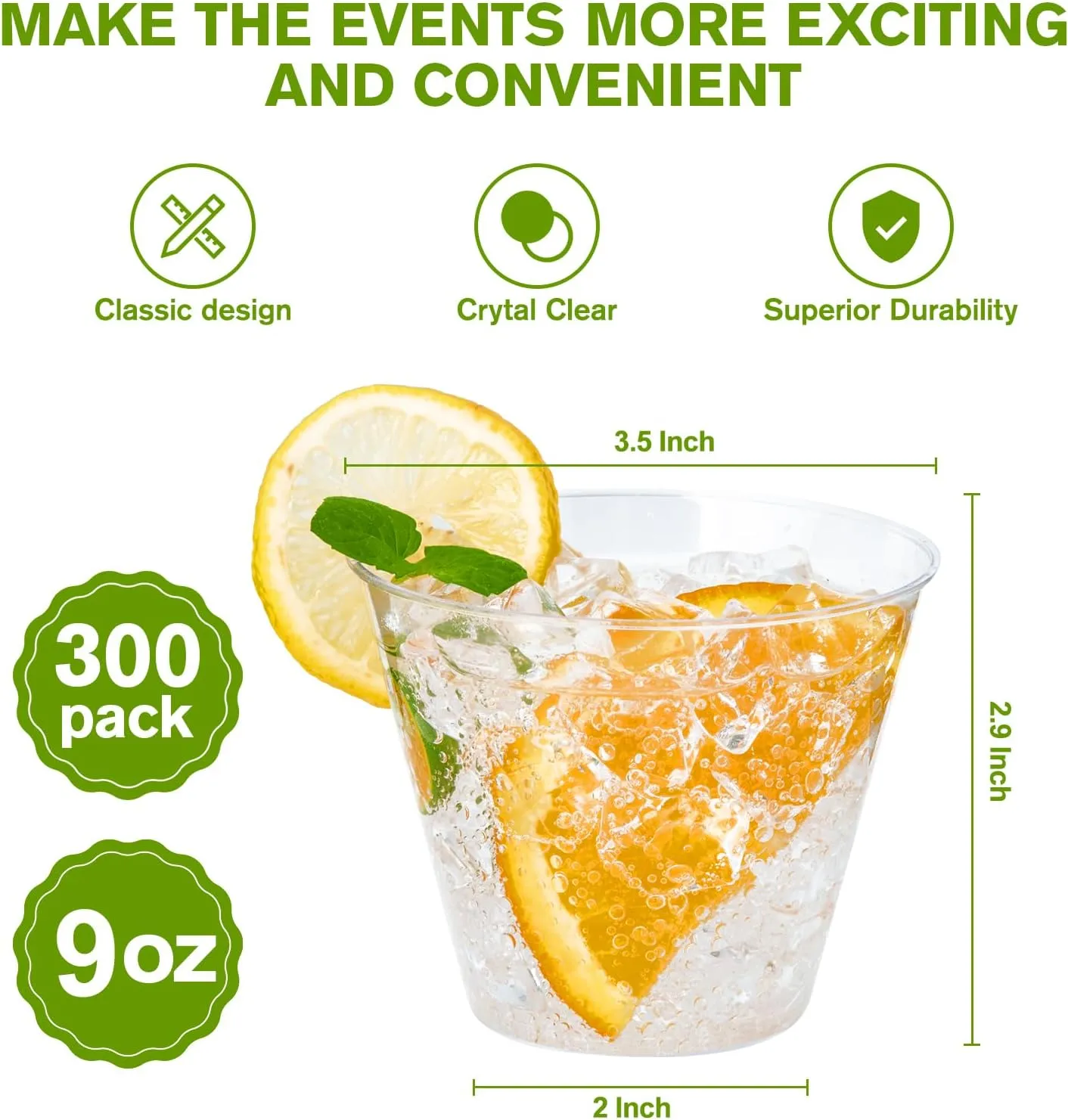 300 Pack Clear Plastic Cups 9 OZ Disposable Heavy-duty Drinking Cups for Christmas, Wedding, Home and Events