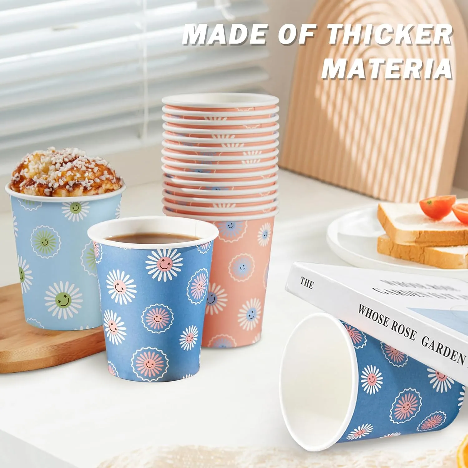 300 Pack Paper Cups 8 oz, Disposable Coffee Cups, Hot/Cold Beverage Drinking Cups for Water, Paper Coffee Cups, Colourful Hot Paper Cup for Office Party Home Picnic - Daisy