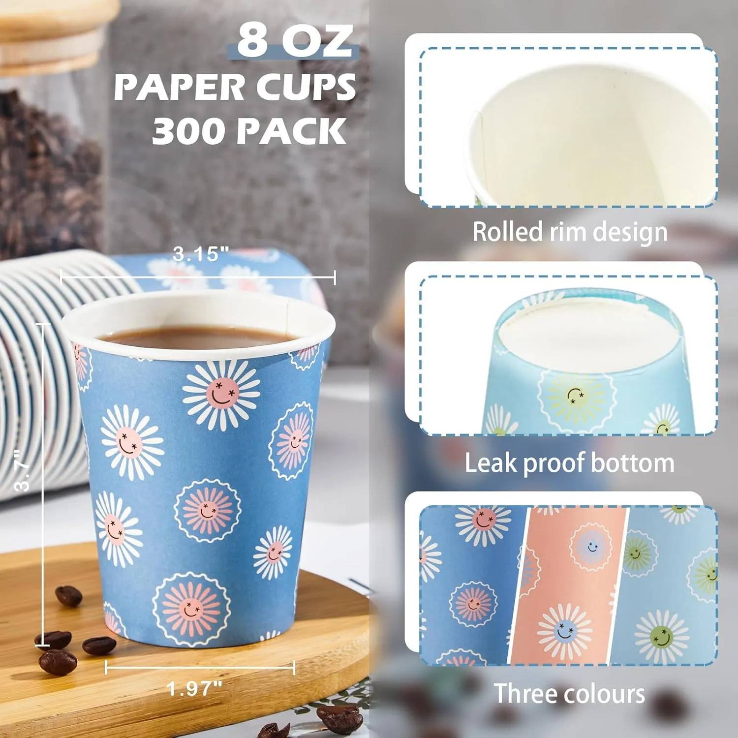 300 Pack Paper Cups 8 oz, Disposable Coffee Cups, Hot/Cold Beverage Drinking Cups for Water, Paper Coffee Cups, Colourful Hot Paper Cup for Office Party Home Picnic - Daisy