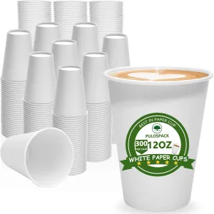 300Count 12 oz Disposable Paper Coffee Cups - Leak-Proof, Food-Grade, BPA-Free White Hot/Cold Beverage Paper Cups, Ideal for Office, Cafe, Party, Home, Travel and Event (300)