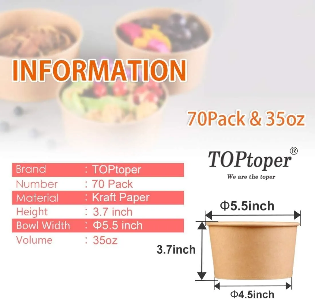 35 Oz Large Paper Bowls【No Lids】 70 Pack Disposable Soup Bowls Plastic Free Party Supplies for Hot/Cold Food, Soup (35 OZ)