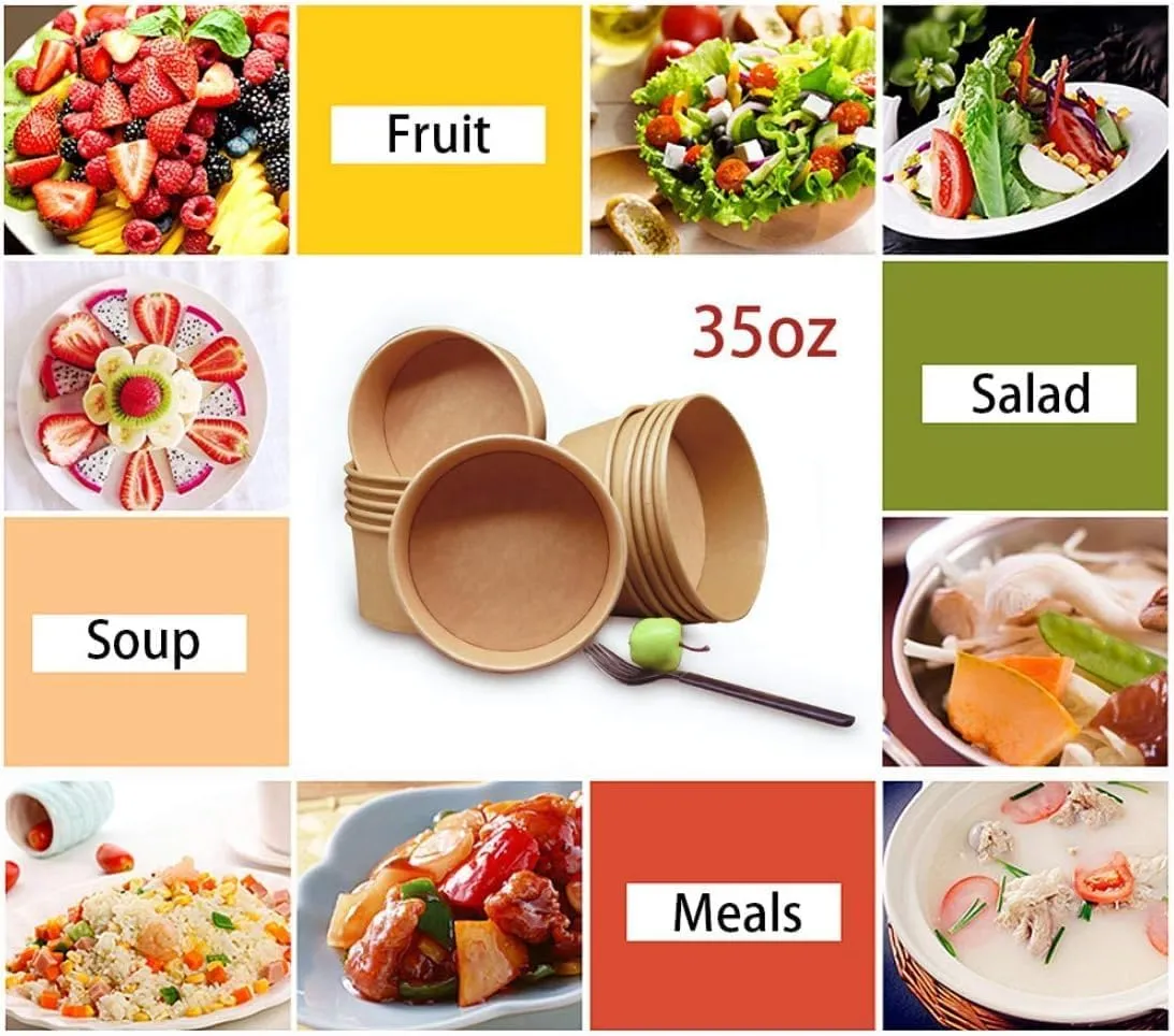35 Oz Large Paper Bowls【No Lids】 70 Pack Disposable Soup Bowls Plastic Free Party Supplies for Hot/Cold Food, Soup (35 OZ)