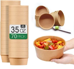 35 Oz Large Paper Bowls【No Lids】 70 Pack Disposable Soup Bowls Plastic Free Party Supplies for Hot/Cold Food, Soup (35 OZ)
