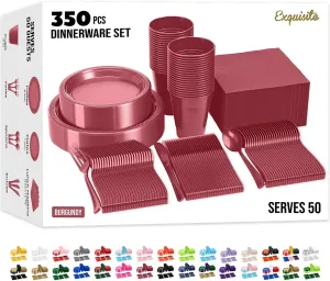 350 Pcs Burgundy Plastic Plates For Party, Burgundy Disposable Plates Set, 50 Of Each 9" Dinner Plate Set, 7" Dessert Plate, Cups, Napkins & Cutlery Plastic Dinnerware Party Solids