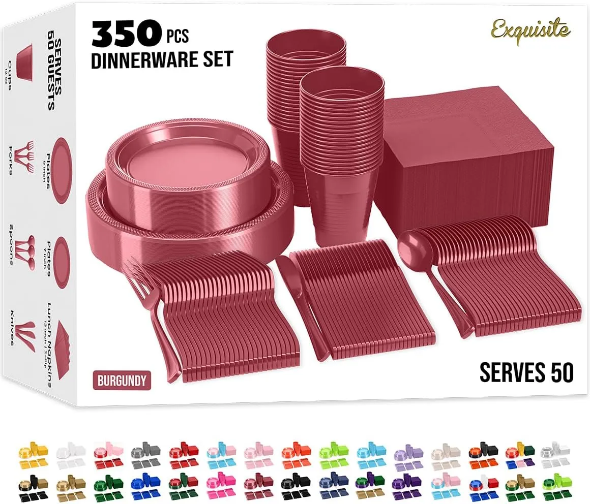 350 Pcs Burgundy Plastic Plates For Party, Burgundy Disposable Plates Set, 50 Of Each 9" Dinner Plate Set, 7" Dessert Plate, Cups, Napkins & Cutlery Plastic Dinnerware Party Solids