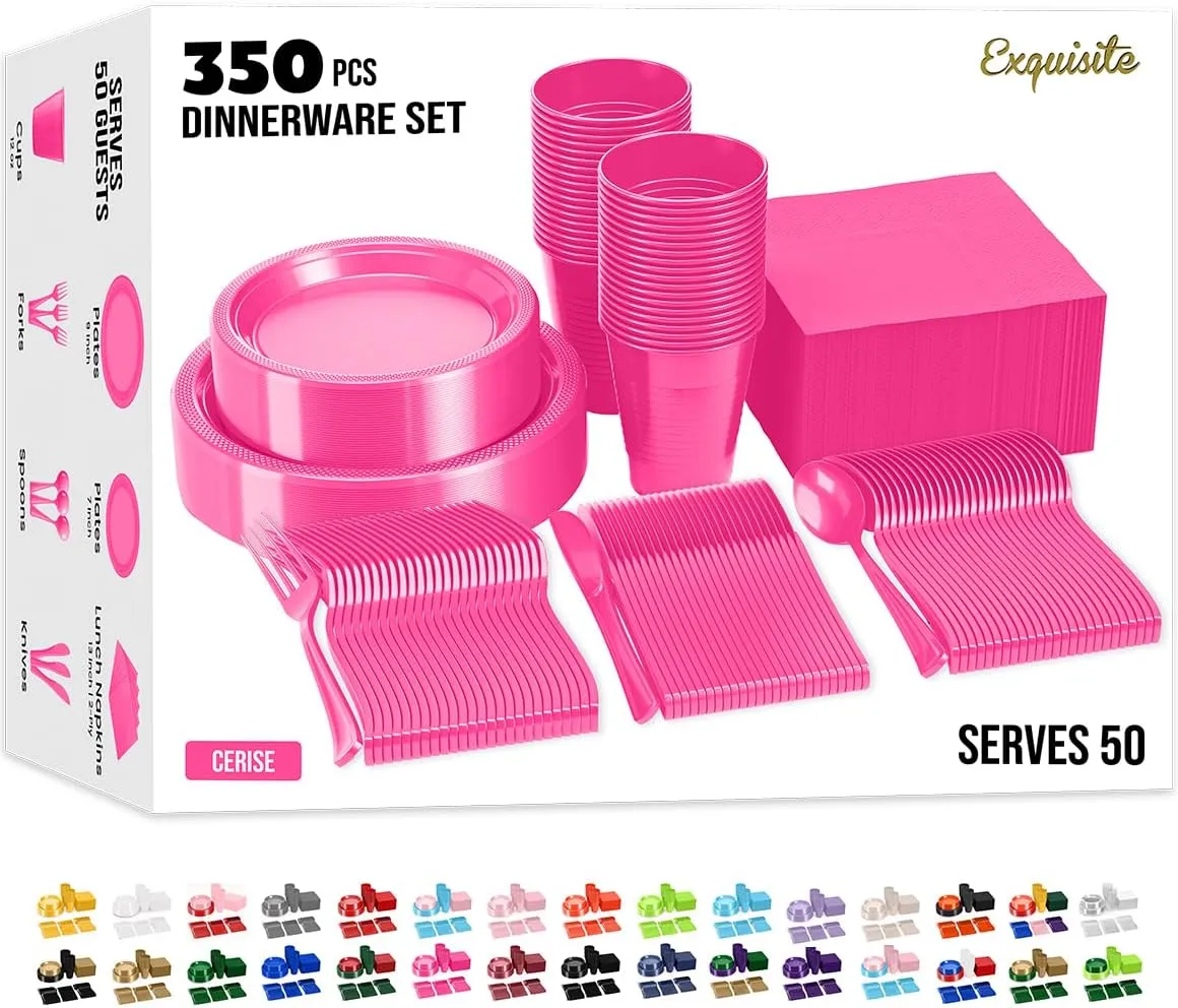 350 Pcs Cerise Plastic Plates For Party, Cerise Disposable Plates Set, 50 Of Each 9" Dinner Plate Set, 7" Dessert Plate, Cups, Napkins & Cutlery Plastic Dinnerware Party Solids