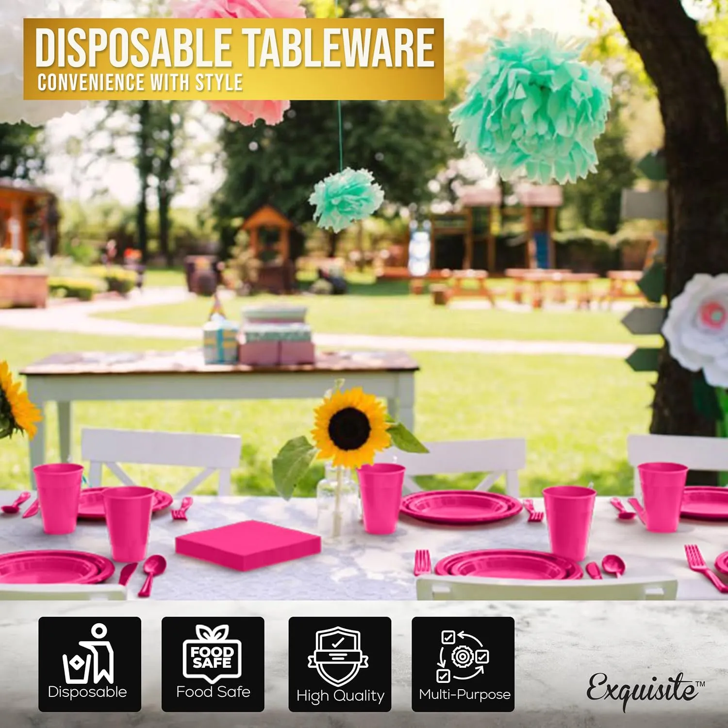 350 Pcs Cerise Plastic Plates For Party, Cerise Disposable Plates Set, 50 Of Each 9" Dinner Plate Set, 7" Dessert Plate, Cups, Napkins & Cutlery Plastic Dinnerware Party Solids