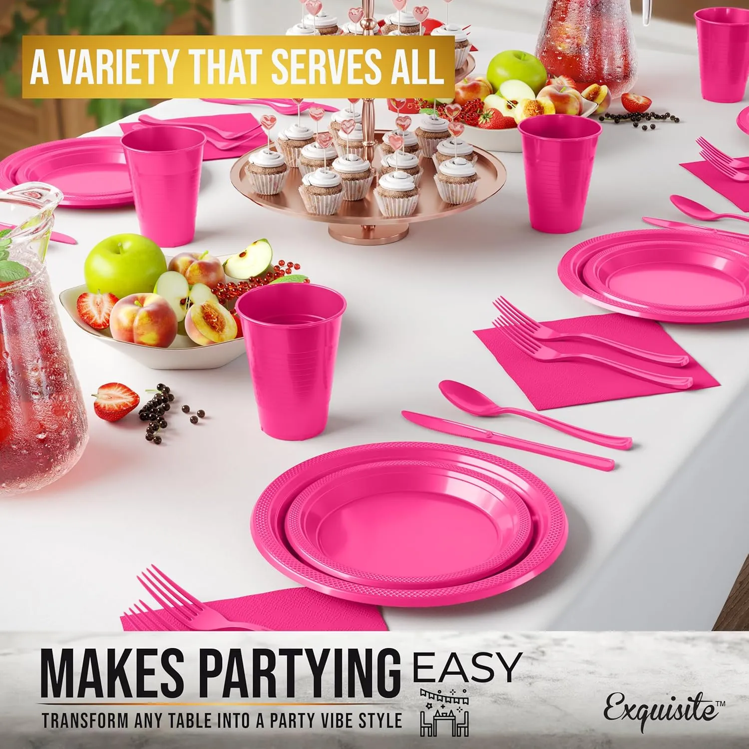 350 Pcs Cerise Plastic Plates For Party, Cerise Disposable Plates Set, 50 Of Each 9" Dinner Plate Set, 7" Dessert Plate, Cups, Napkins & Cutlery Plastic Dinnerware Party Solids