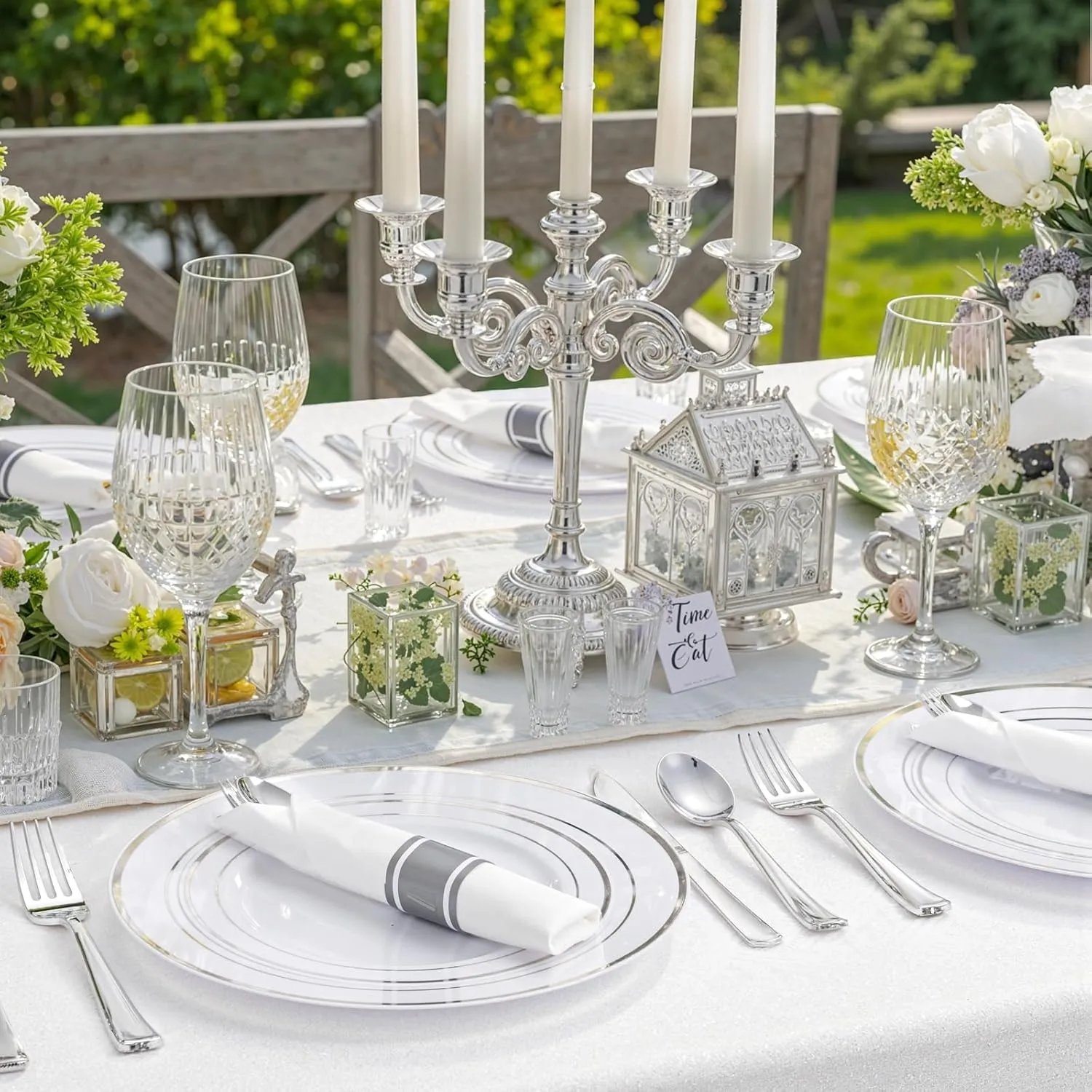 350 Pcs Silver Plastic Plates - Silver Dinnerware Set of 50 Dinner Plates 50 Dessert Plates 50 Silverware 50 Napkins 50 Cups for Party&Wedding
