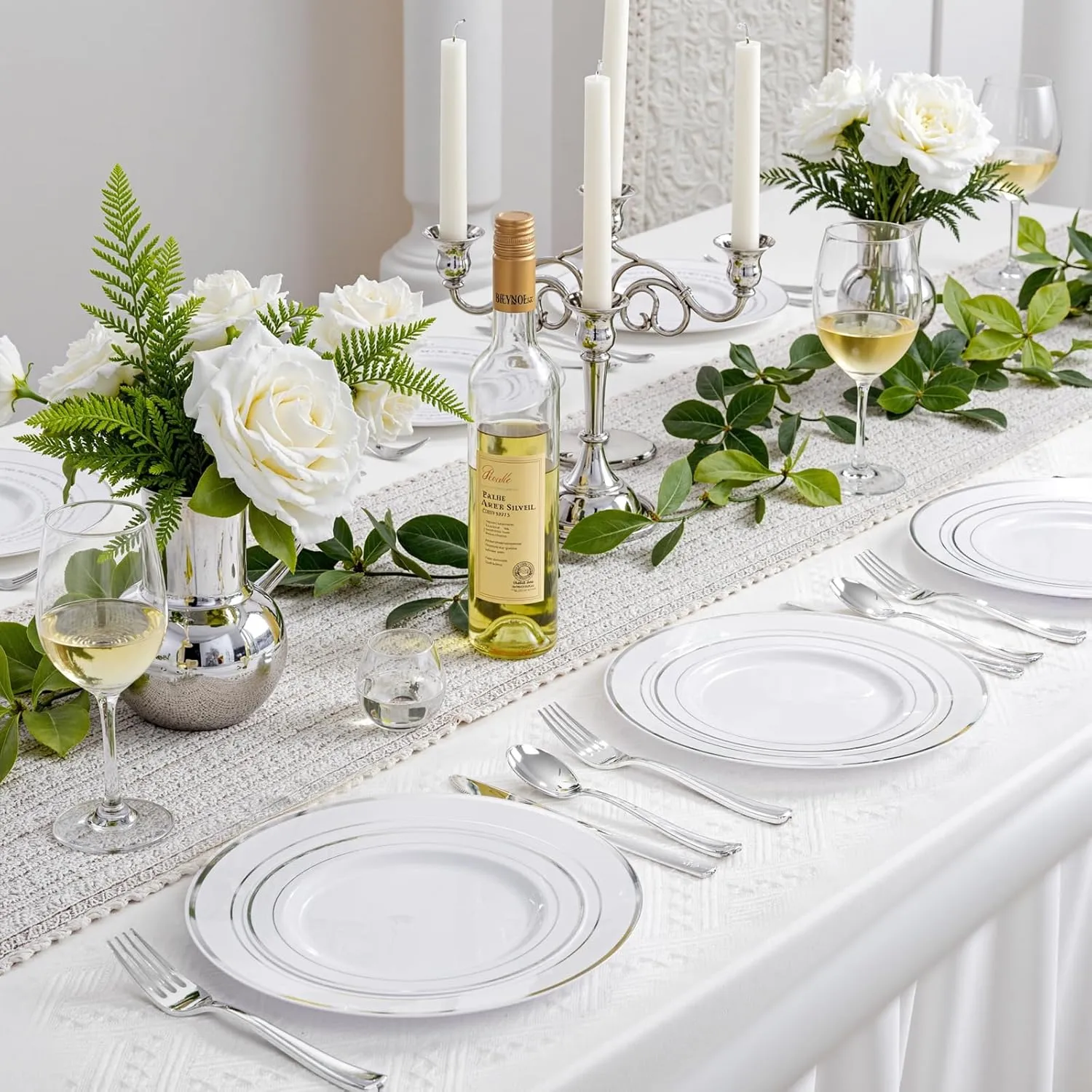 350 Pcs Silver Plastic Plates - Silver Dinnerware Set of 50 Dinner Plates 50 Dessert Plates 50 Silverware 50 Napkins 50 Cups for Party&Wedding