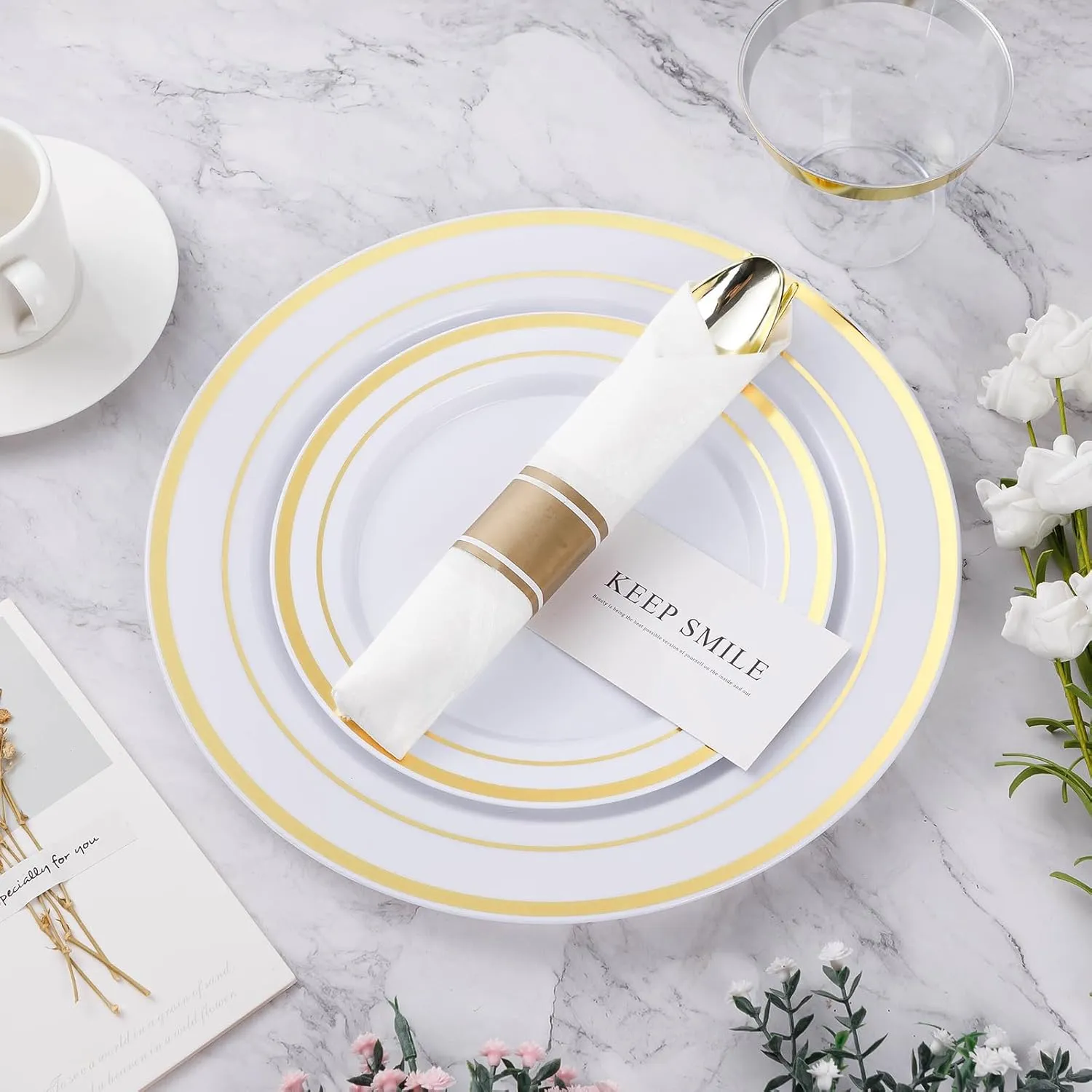 350PCS Gold Plastic Dinnerware Set, Disposable Party Plates for 50 Guests, Include: 100 Plastic Plates, 50 Pre Rolled Napkins with Gold Silverware, 50 Cups