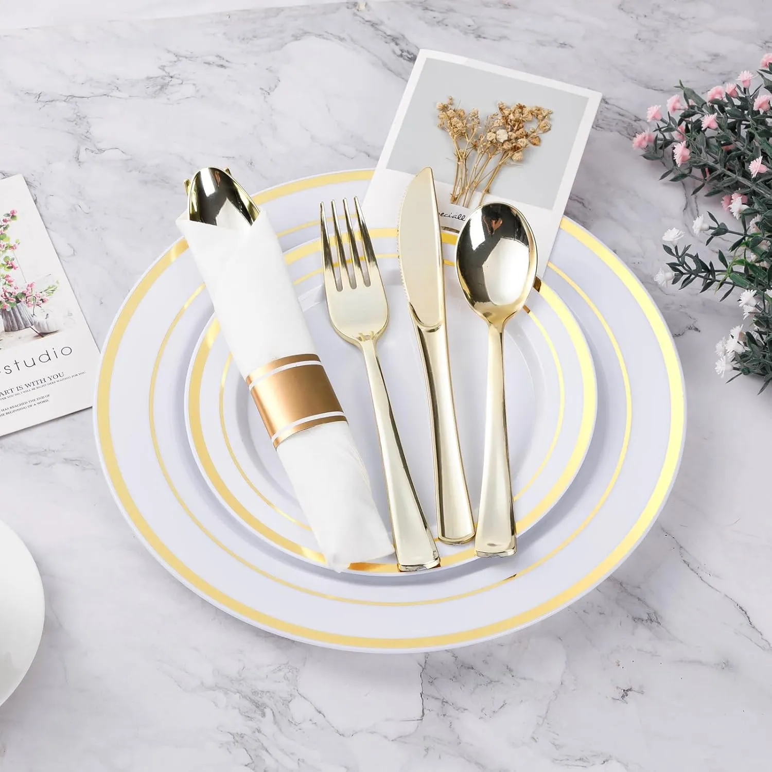 350PCS Gold Plastic Dinnerware Set, Disposable Party Plates for 50 Guests, Include: 100 Plastic Plates, 50 Pre Rolled Napkins with Gold Silverware, 50 Cups