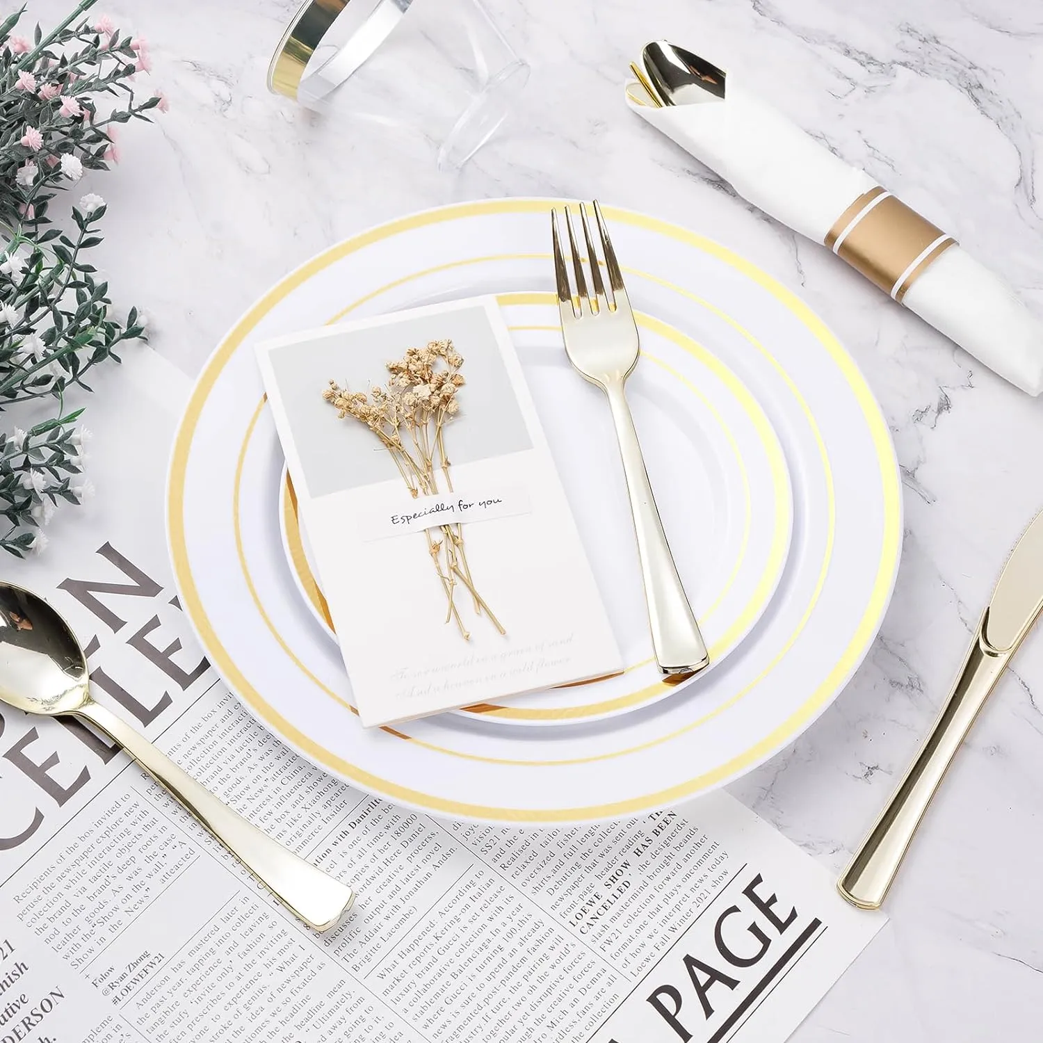 350PCS Gold Plastic Dinnerware Set, Disposable Party Plates for 50 Guests, Include: 100 Plastic Plates, 50 Pre Rolled Napkins with Gold Silverware, 50 Cups