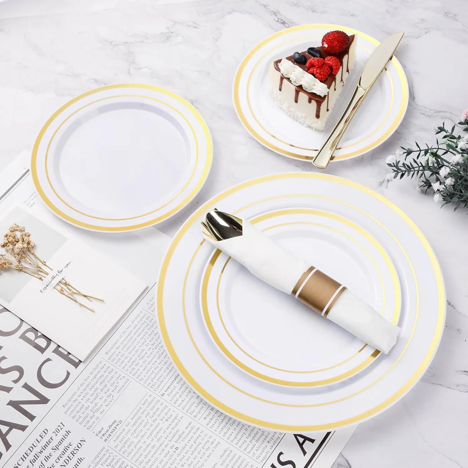 350PCS Gold Plastic Dinnerware Set, Disposable Party Plates for 50 Guests, Include: 100 Plastic Plates, 50 Pre Rolled Napkins with Gold Silverware, 50 Cups