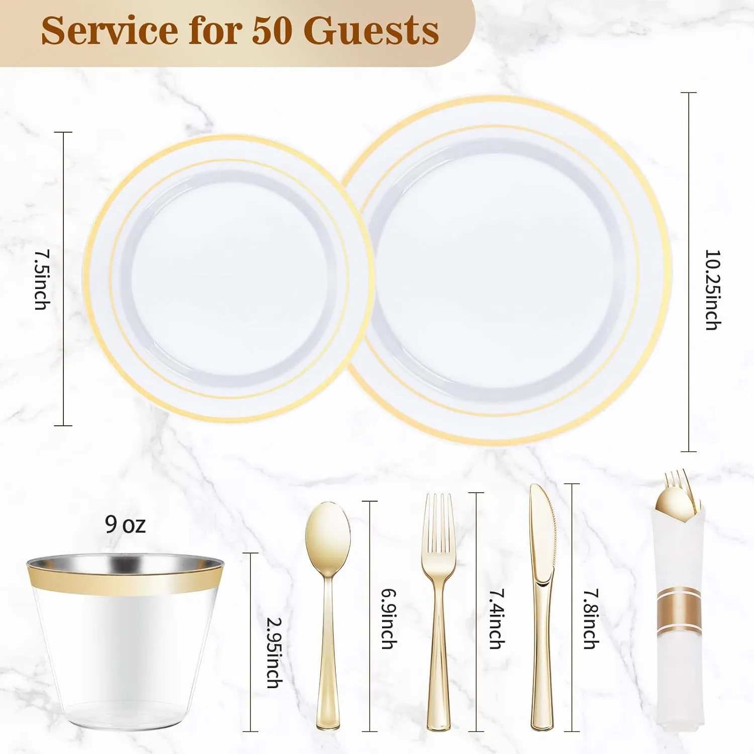 350PCS Gold Plastic Dinnerware Set, Disposable Party Plates for 50 Guests, Include: 100 Plastic Plates, 50 Pre Rolled Napkins with Gold Silverware, 50 Cups