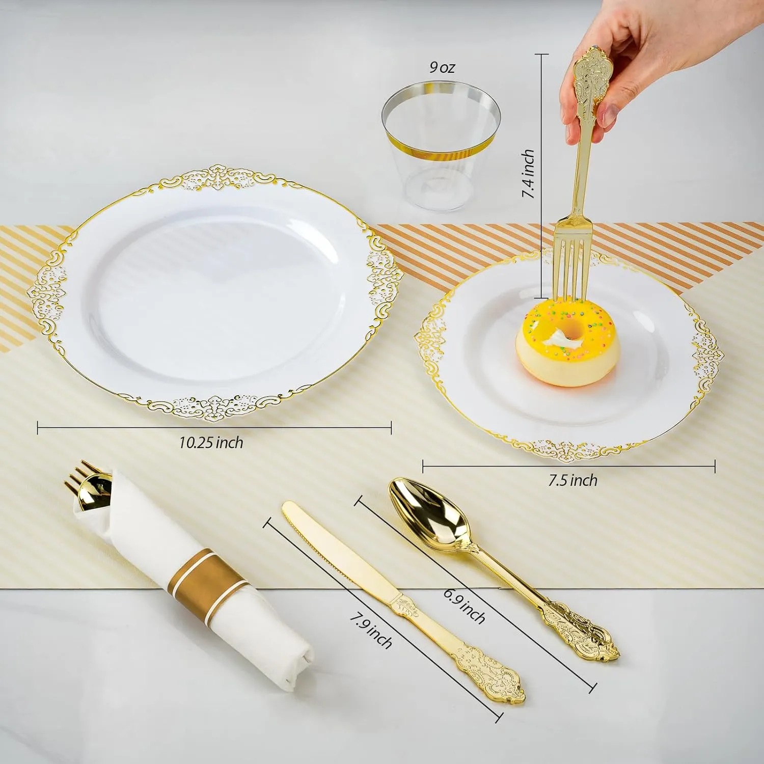 350PCS Gold Plastic Plates for 50 Guests, Disposable Dinnerware Sets Include 100 Gold Rim Plastic Plates, 50 Silverwares, 50 Cups, and 50 Pre Rolled Napkins for Party, Wedding, Graduation