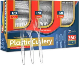 360 Count Plastic Silverware Set, 120 Clear Forks, 120 Spoons, 120 Knives, Heavy Duty BPA Free Disposable Plastic Cutlery Set, Premium Clear Plasticware for Party Supplies