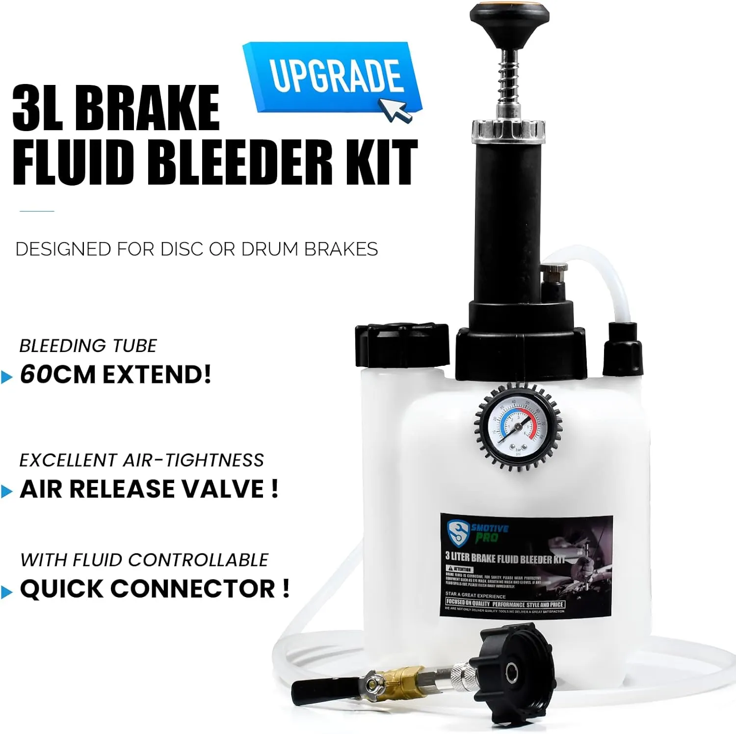 3L Manual Brake Bleeder Fluid Pump, One Man Professional Brake Bleeder Kit Suitable for Most European Brake Mast Cylinder Reservoirs