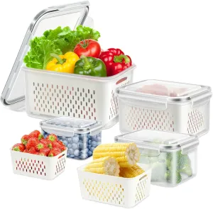 4 Pack Fridge Food Storage Container with Lids, Plastic Fresh Produce Saver Keeper for Vegetable Fruit Berry Salad Lettuce, BPA Free Kitchen Refrigerator Organizers Bins (4.15L 3.15L 1.7L 0.8L)