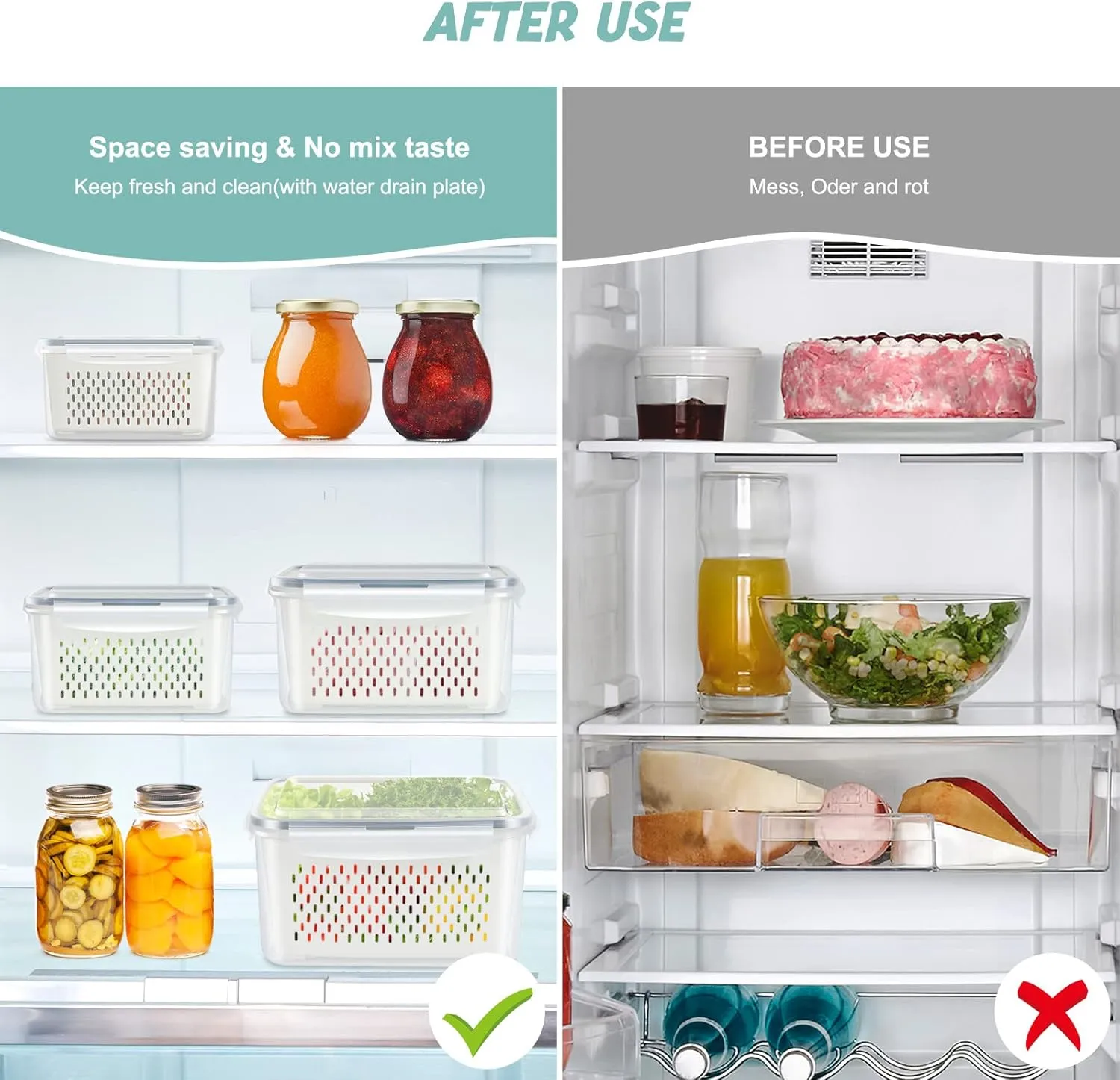 4 Pack Fridge Food Storage Container with Lids, Plastic Fresh Produce Saver Keeper for Vegetable Fruit Berry Salad Lettuce, BPA Free Kitchen Refrigerator Organizers Bins (4.15L 3.15L 1.7L 0.8L)
