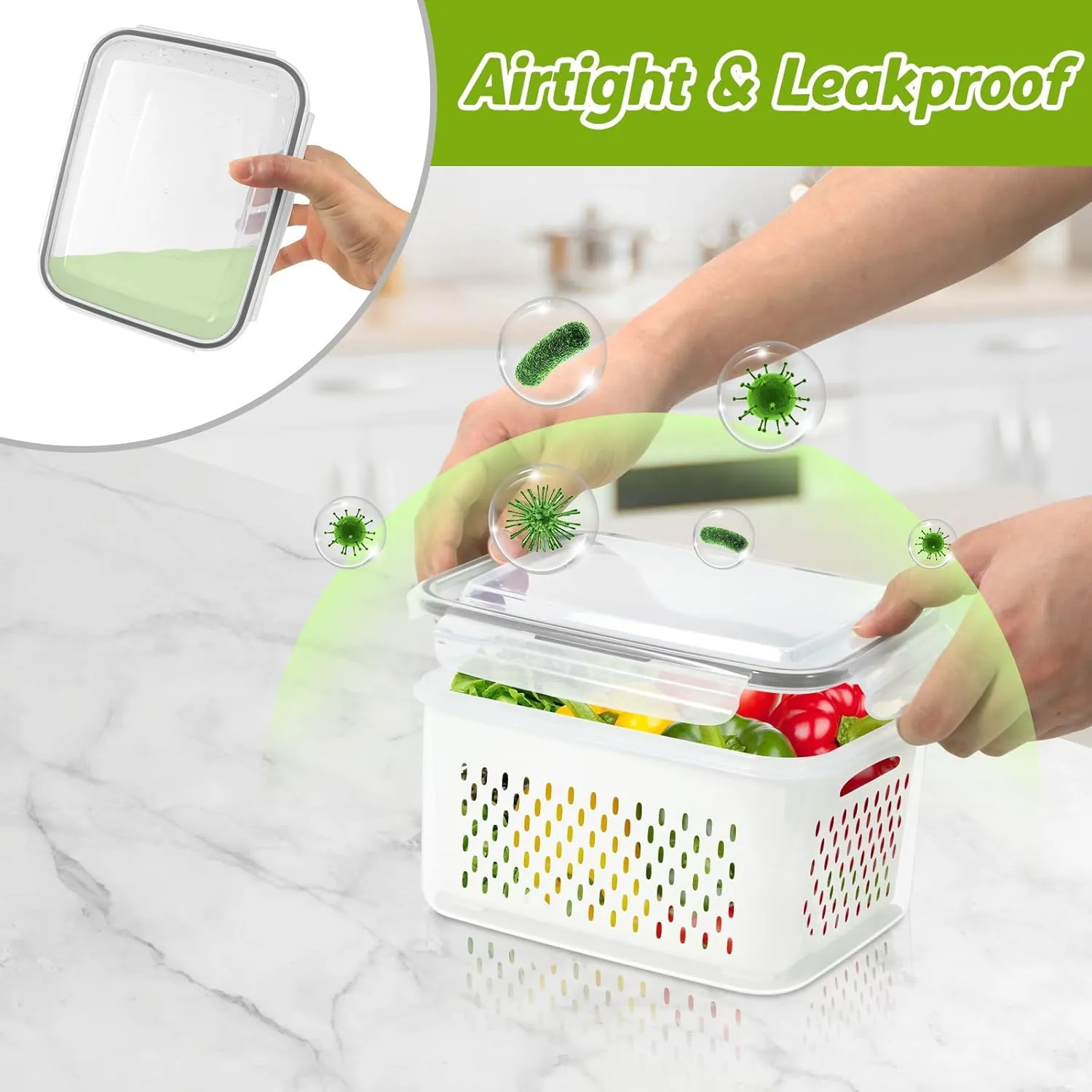 4 Pack Fridge Food Storage Container with Lids, Plastic Fresh Produce Saver Keeper for Vegetable Fruit Berry Salad Lettuce, BPA Free Kitchen Refrigerator Organizers Bins (4.15L 3.15L 1.7L 0.8L)