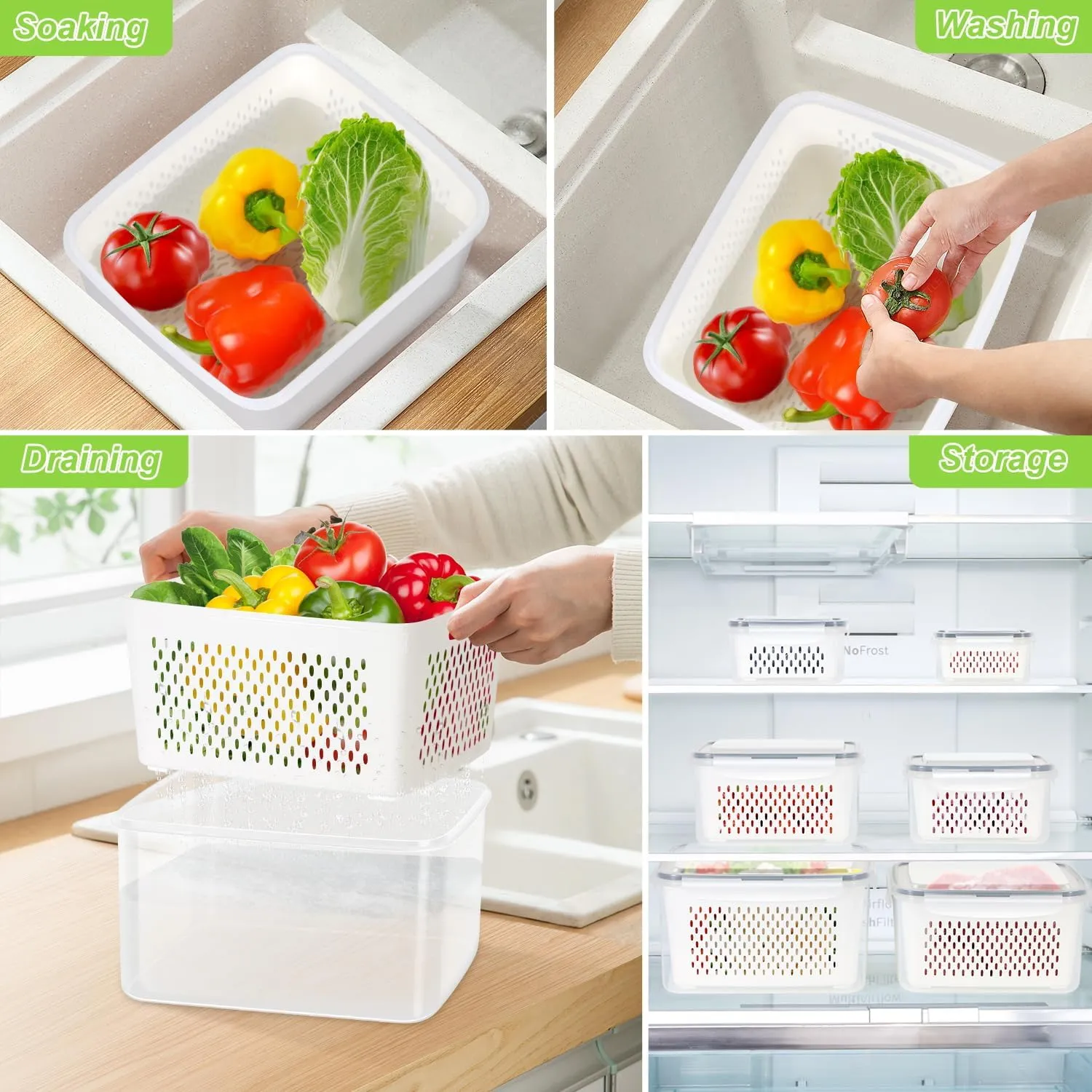 4 Pack Fridge Food Storage Container with Lids, Plastic Fresh Produce Saver Keeper for Vegetable Fruit Berry Salad Lettuce, BPA Free Kitchen Refrigerator Organizers Bins (4.15L 3.15L 1.7L 0.8L)
