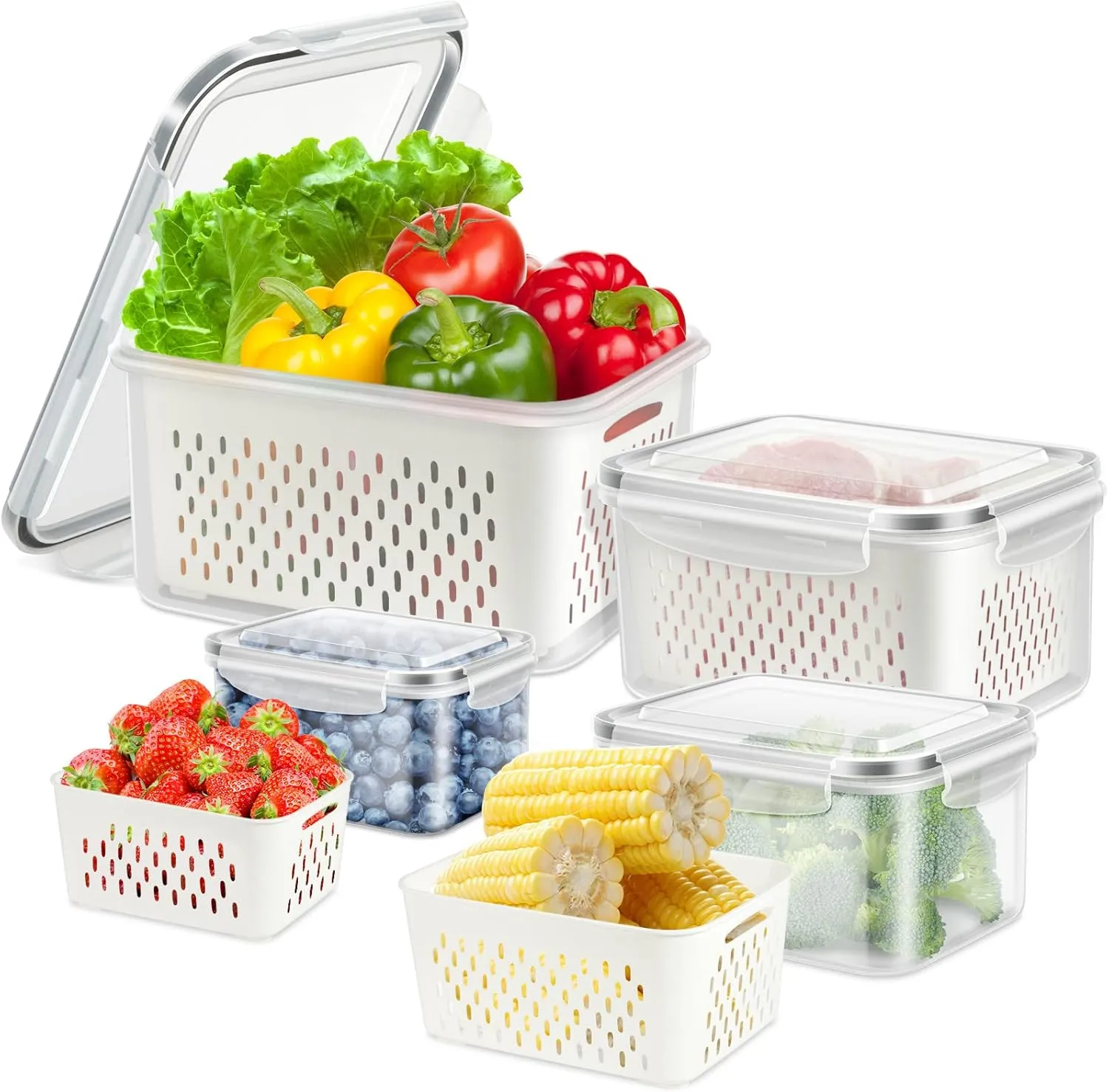 4 Pack Fridge Food Storage Container with Lids, Plastic Fresh Produce Saver Keeper for Vegetable Fruit Berry Salad Lettuce, BPA Free Kitchen Refrigerator Organizers Bins (4.15L 3.15L 1.7L 0.8L)