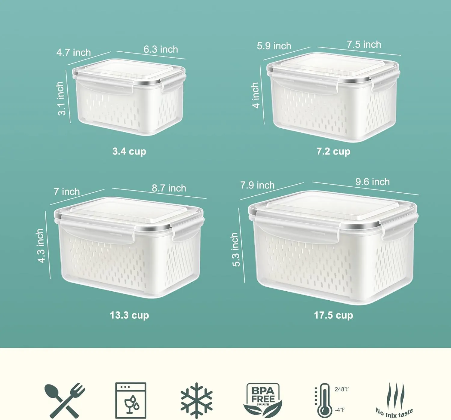 4 Pack Fridge Food Storage Container with Lids, Plastic Fresh Produce Saver Keeper for Vegetable Fruit Berry Salad Lettuce, BPA Free Kitchen Refrigerator Organizers Bins (4.15L 3.15L 1.7L 0.8L)