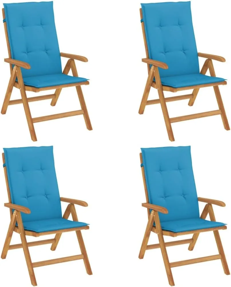 4 Pcs Reclining Patio Chairs with Blue Cushions Solid Wood Teak Foldable Outdoor Lounge Chairs for Backyard Garden Poolside