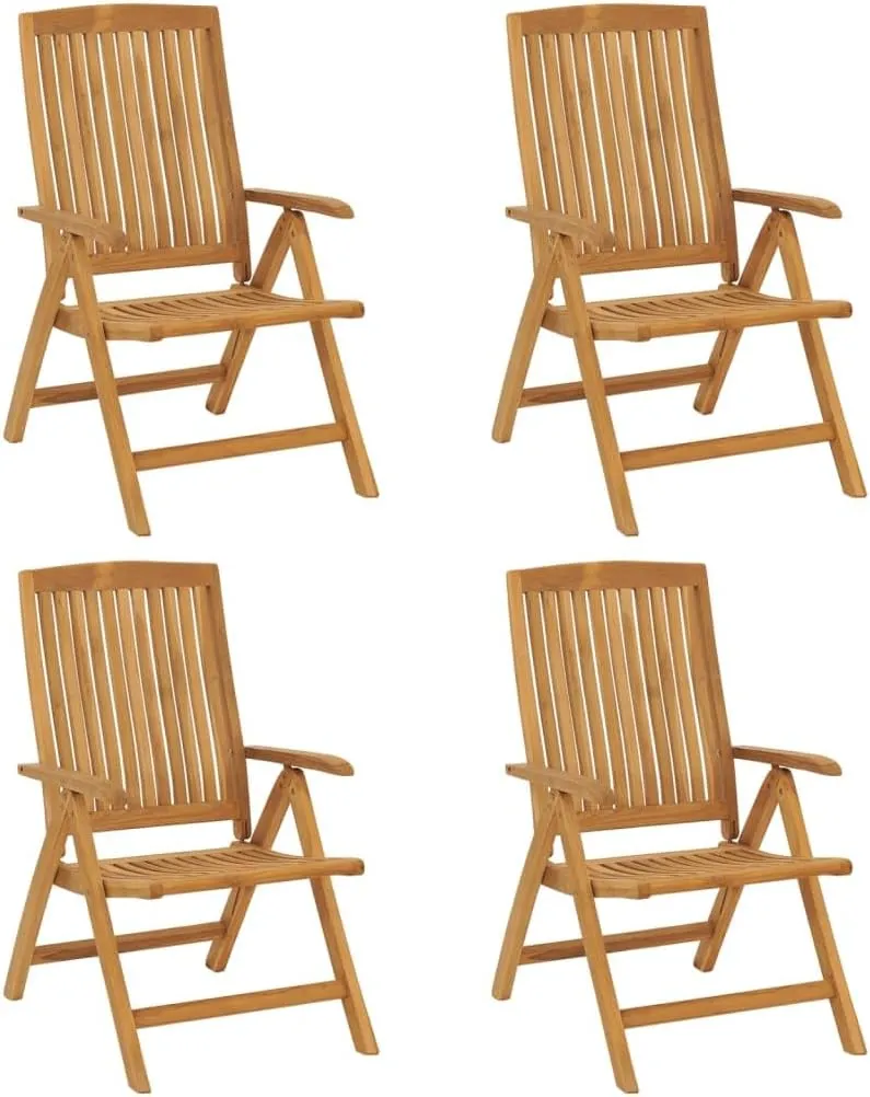 4 Pcs Reclining Patio Chairs with Blue Cushions Solid Wood Teak Foldable Outdoor Lounge Chairs for Backyard Garden Poolside