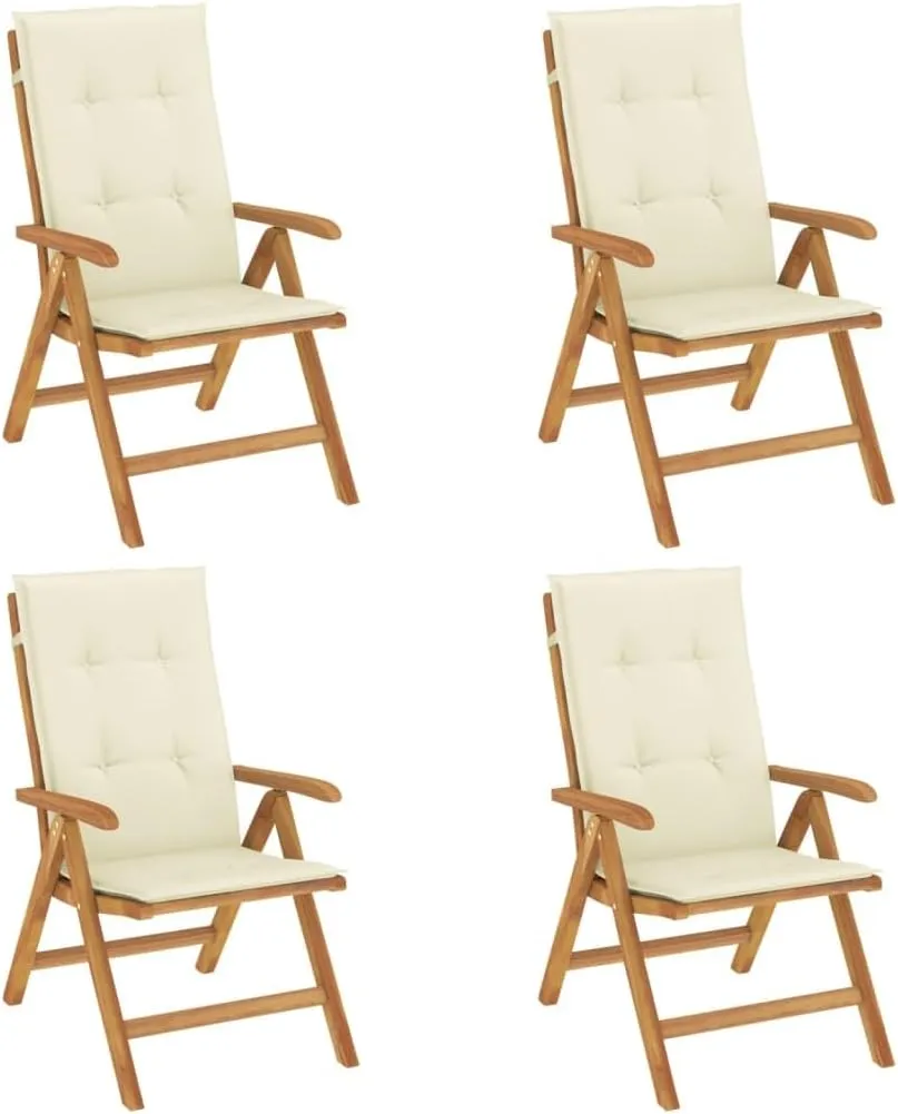 4-Piece Solid Teak Wood Reclining Patio Chairs with Cream Cushions, Adjustable Outdoor Lounge Chairs Foldable Weather-Resistant Furniture for Poolside Backyard Deck Sunbathing