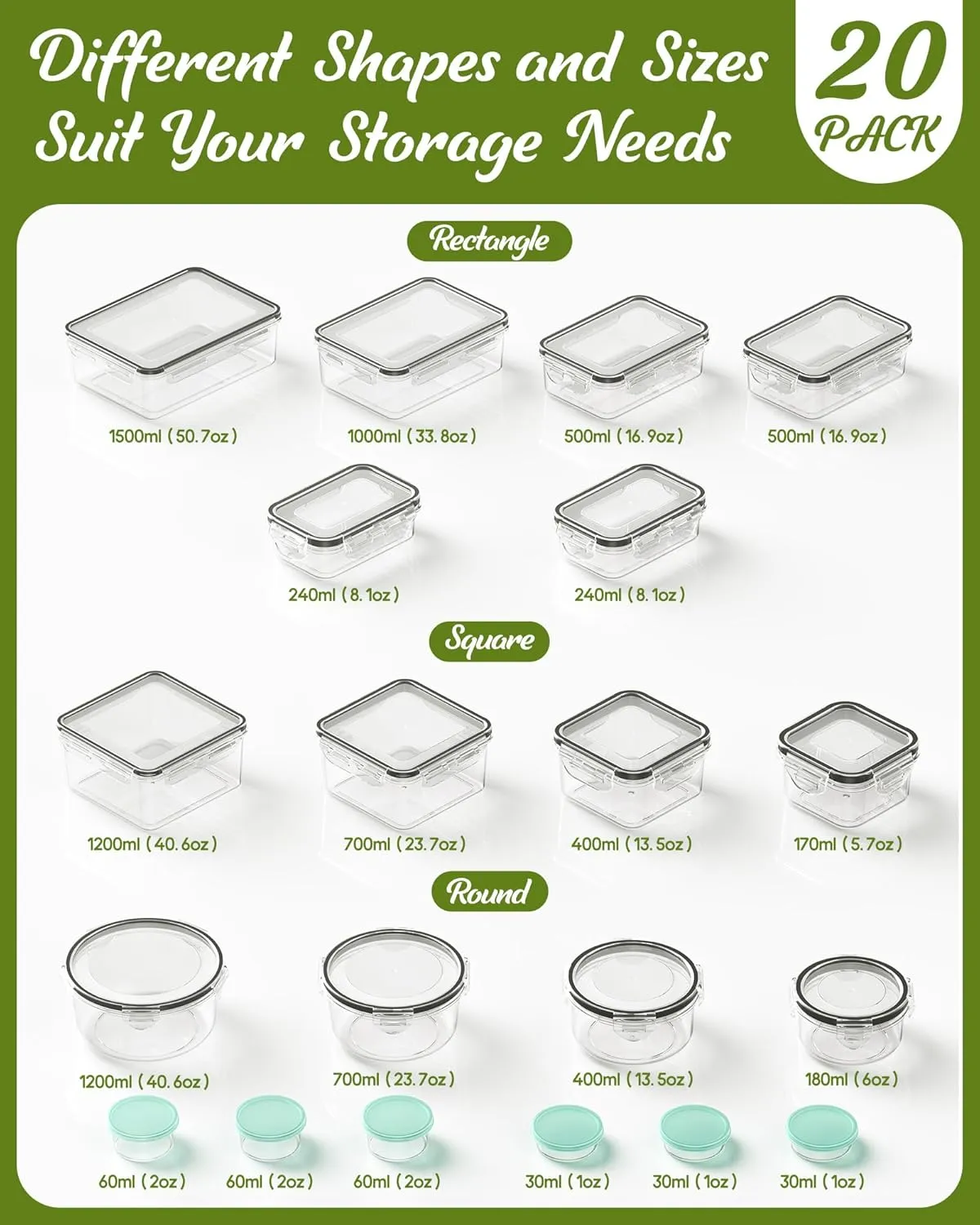 40 Piece Food Storage Containers with Lids(20 Containers & 20 Lids), BPA-Free Plastic Food Containers for Kitchen Storage and Organization, Leak Proof Meal Prep Container, Includes Labels & Pen