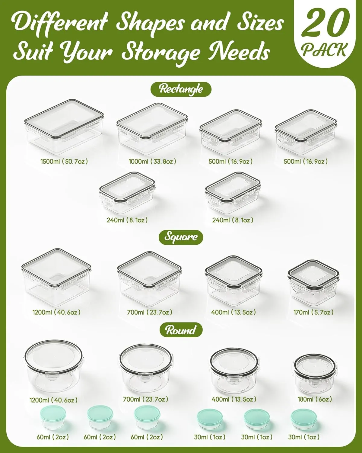 40 Piece Food Storage Containers with Lids(20 Containers & 20 Lids), BPA-Free Plastic Food Containers for Kitchen Storage and Organization, Leak Proof Meal Prep Container, Includes Labels & Pen