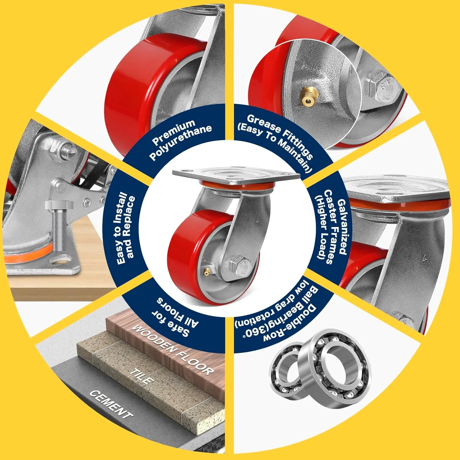 4"x2" Heavy Duty Casters Set of 4-3200 lb Capacity Industrial Caster Wheels with Polyurethane & Cast Iron, Swivel Plate Casters for Platform Trucks, U-Boat Carts, Military Equipment (4 Swivel)