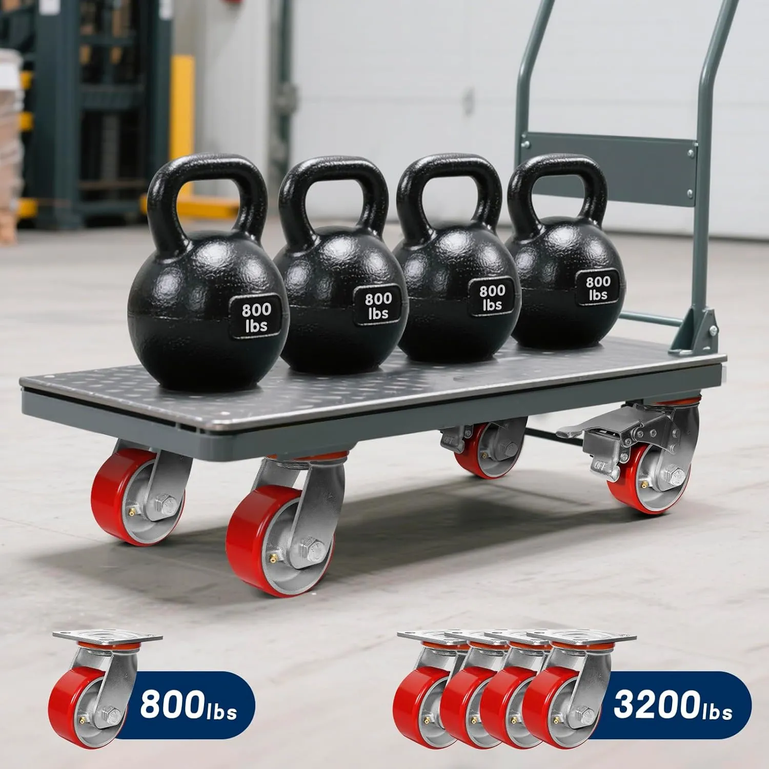 4"x2" Heavy Duty Casters Set of 4-3200 lb Capacity Industrial Caster Wheels with Polyurethane & Cast Iron, Swivel Plate Casters for Platform Trucks, U-Boat Carts, Military Equipment (4 Swivel)