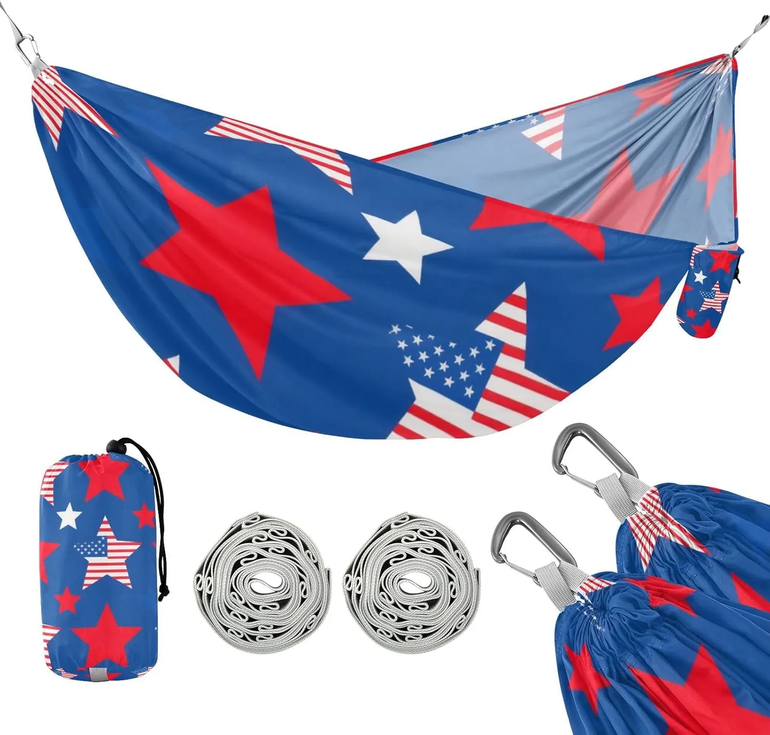 4th of July Independence Day Red and Blue Stars 330lb Capacity Outdoor Hammock with Tree Straps Portable Hammock for Camping Travel Accessories capas para la Lluvia