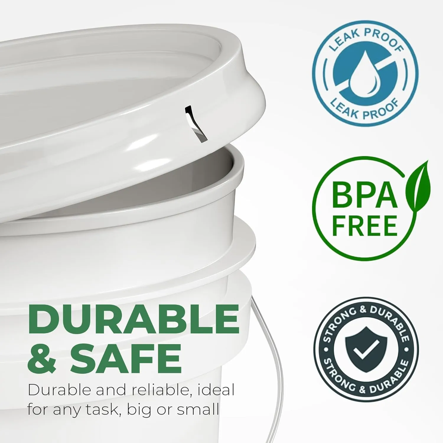 5-Gallon White Bucket Pail Container with Lid | Food Grade | Heavy-Duty Extra Durable | Metal Handles with Plastic Grip for Easy Carrying | Multi-Use | Easy Stack and Store | BPA Free - 3 Pack