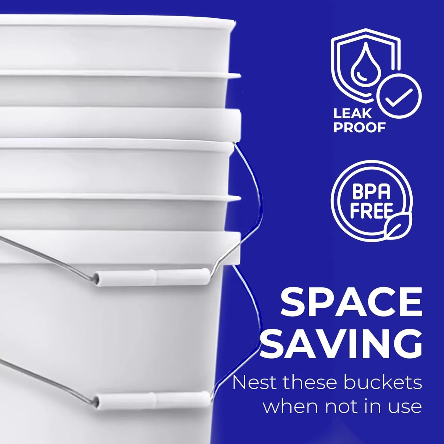 5-Gallon White Bucket Pail Container with Lid | Metal Handles with Plastic Grip for Easy Carrying | Easy Stack and Store | Heavy-Duty Extra Durable | Food Grade | BPA Free