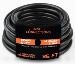 5 Way Trailer Wire – Heavy Duty 14 Gauge 5 Conductor Insulated Cable – Durable, Weatherproof, Color-Coded 5 Way Trailer Wiring Extension for RV Trailer and Automotive (25 Feet)
