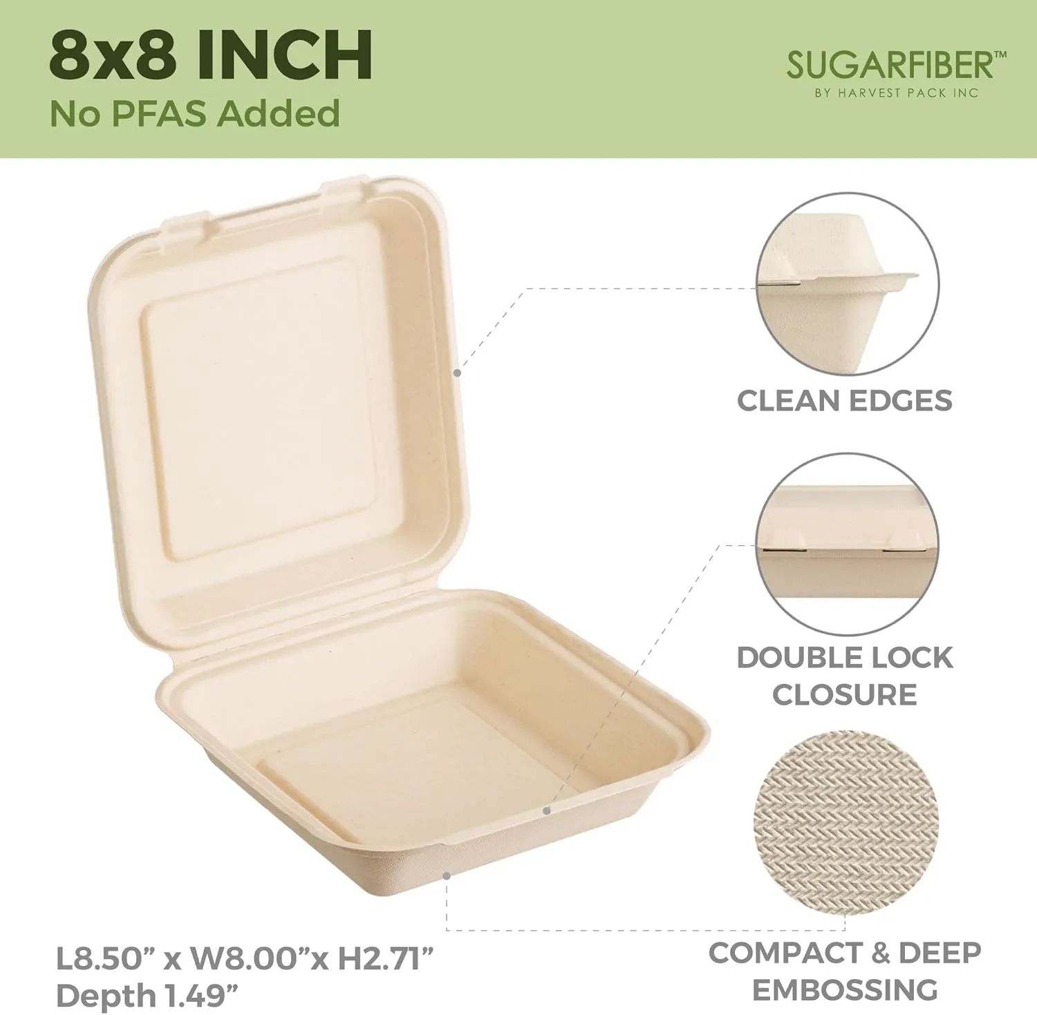 [50 COUNT]Harvest Pack PFAS FREE 8 X 8" Compostable Clamshell Food Containers, Heavy-Duty to go Hinged Container, Disposable Bagasse Eco-Friendly Natural Takeout to go Box, Made from Sugarcane