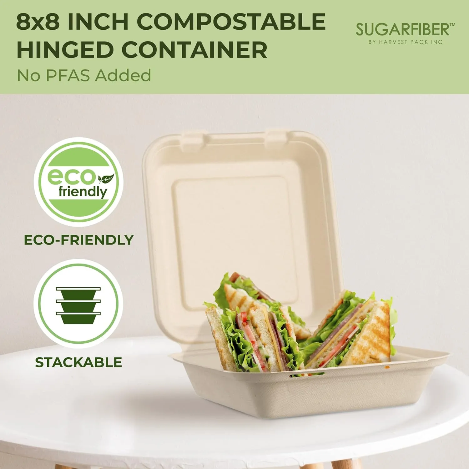 [50 COUNT]Harvest Pack PFAS FREE 8 X 8" Compostable Clamshell Food Containers, Heavy-Duty to go Hinged Container, Disposable Bagasse Eco-Friendly Natural Takeout to go Box, Made from Sugarcane