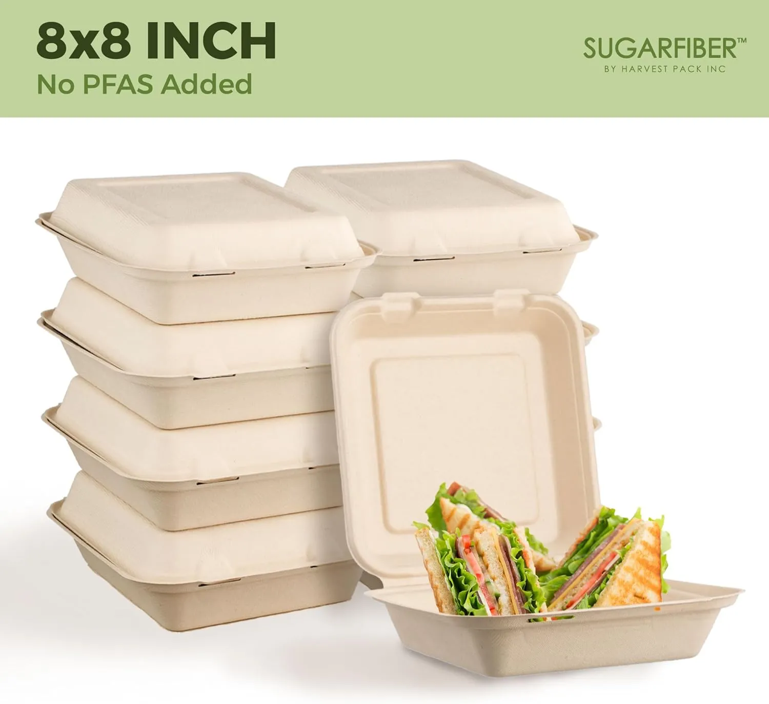 [50 COUNT]Harvest Pack PFAS FREE 8 X 8" Compostable Clamshell Food Containers, Heavy-Duty to go Hinged Container, Disposable Bagasse Eco-Friendly Natural Takeout to go Box, Made from Sugarcane