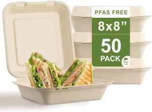 [50 COUNT]Harvest Pack PFAS FREE 8 X 8" Compostable Clamshell Food Containers, Heavy-Duty to go Hinged Container, Disposable Bagasse Eco-Friendly Natural Takeout to go Box, Made from Sugarcane