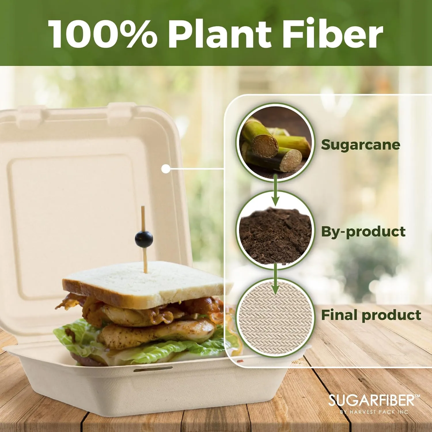 [50 COUNT]Harvest Pack PFAS FREE 8 X 8" Compostable Clamshell Food Containers, Heavy-Duty to go Hinged Container, Disposable Bagasse Eco-Friendly Natural Takeout to go Box, Made from Sugarcane