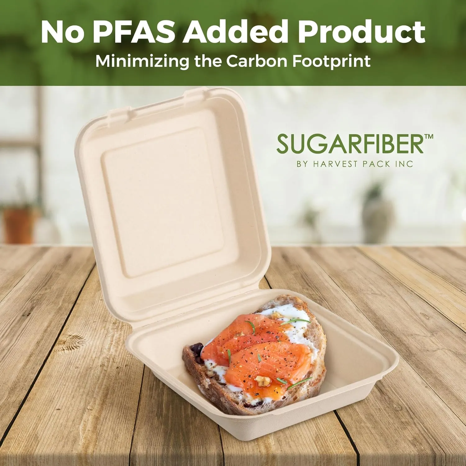 [50 COUNT]Harvest Pack PFAS FREE 8 X 8" Compostable Clamshell Food Containers, Heavy-Duty to go Hinged Container, Disposable Bagasse Eco-Friendly Natural Takeout to go Box, Made from Sugarcane