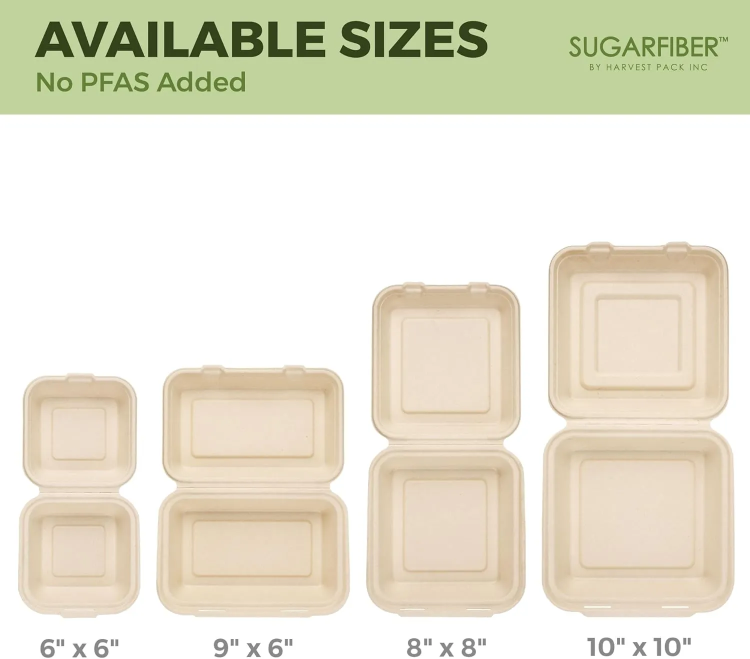 [50 COUNT]Harvest Pack PFAS FREE 9 X 6" Compostable Clamshell Food Containers, Heavy-Duty Hinged Container, Disposable Bagasse Eco-Friendly Natural Takeout to go Box, Made from Sugarcane Plant