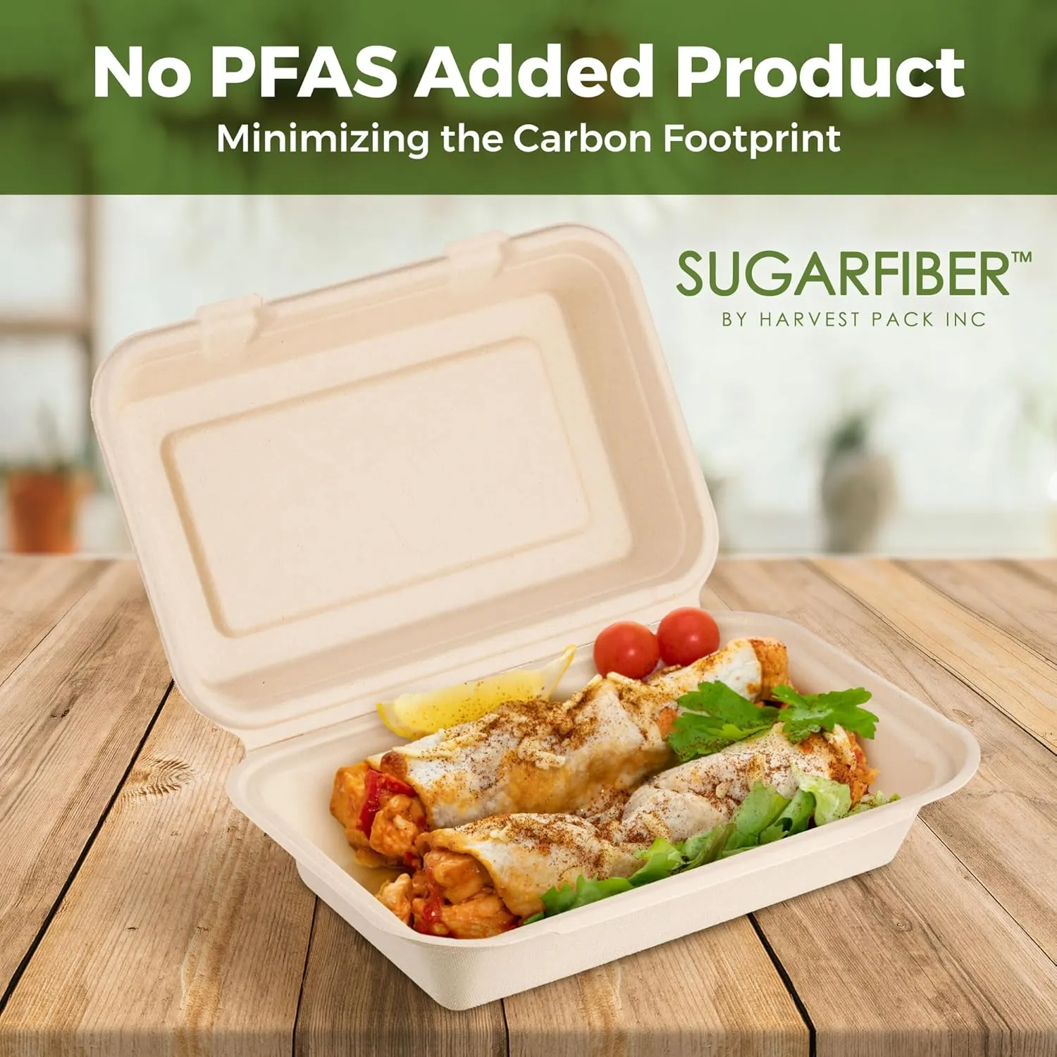 [50 COUNT]Harvest Pack PFAS FREE 9 X 6" Compostable Clamshell Food Containers, Heavy-Duty Hinged Container, Disposable Bagasse Eco-Friendly Natural Takeout to go Box, Made from Sugarcane Plant