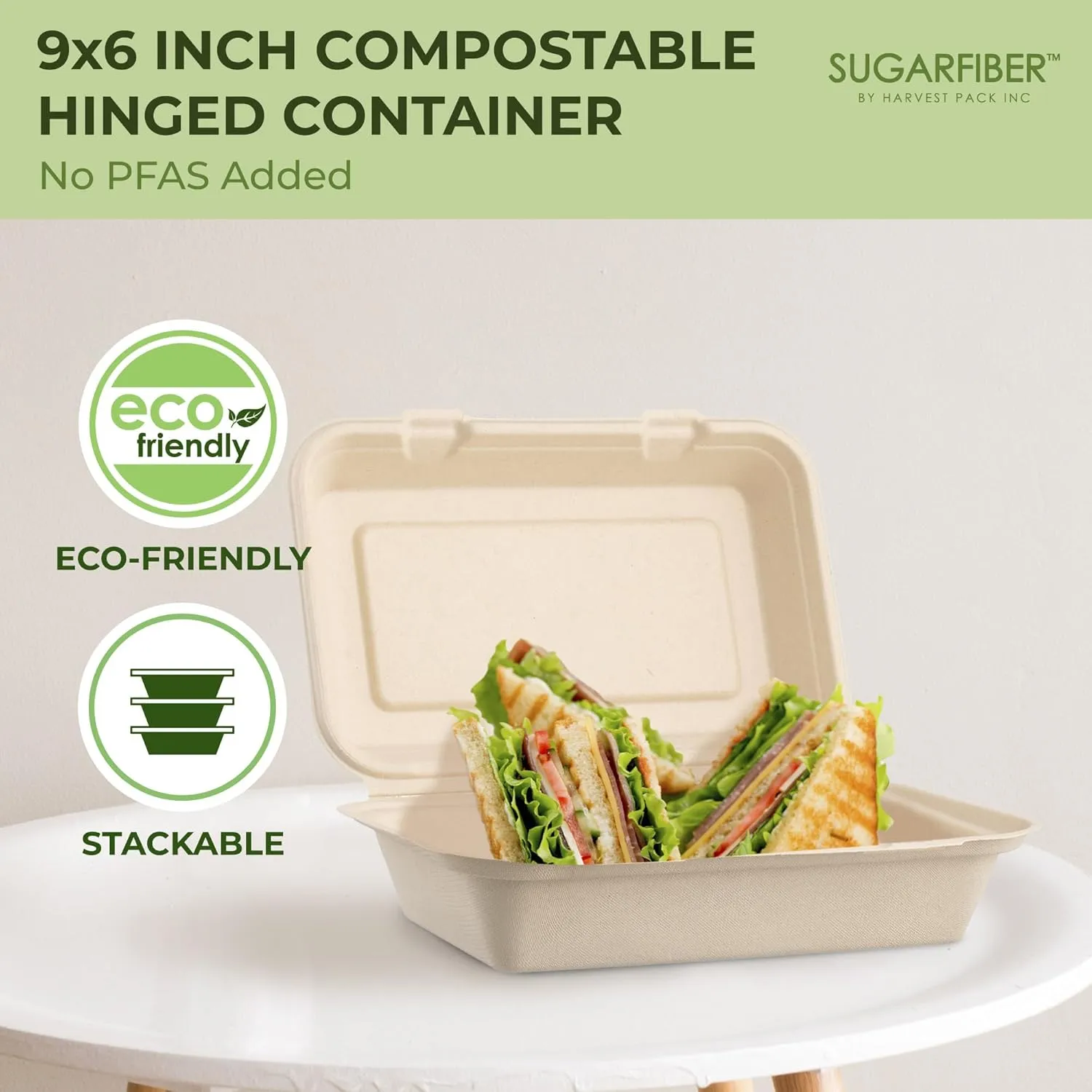 [50 COUNT]Harvest Pack PFAS FREE 9 X 6" Compostable Clamshell Food Containers, Heavy-Duty Hinged Container, Disposable Bagasse Eco-Friendly Natural Takeout to go Box, Made from Sugarcane Plant