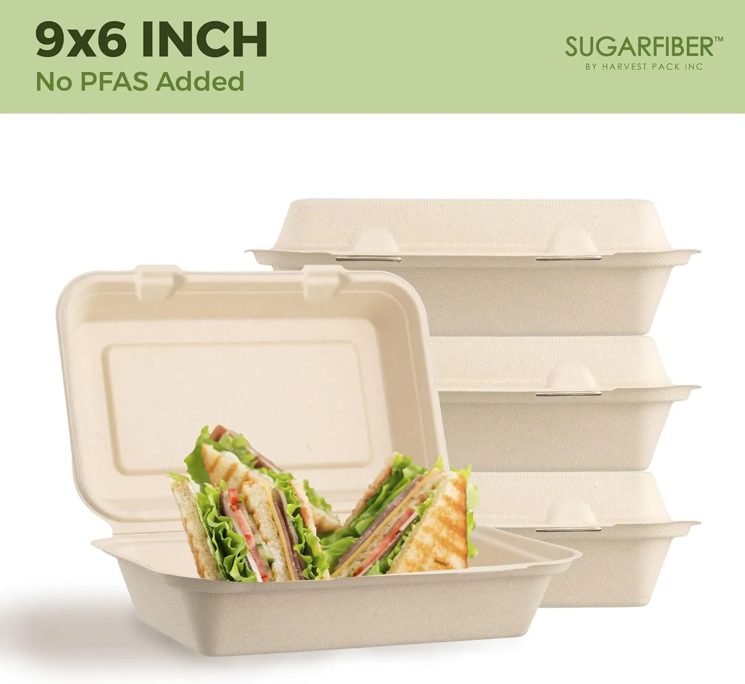 [50 COUNT]Harvest Pack PFAS FREE 9 X 6" Compostable Clamshell Food Containers, Heavy-Duty Hinged Container, Disposable Bagasse Eco-Friendly Natural Takeout to go Box, Made from Sugarcane Plant